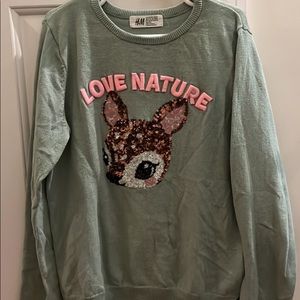 H&M Girls Sequined Baby Deer Sweater In Sage Green Size 8-10Y